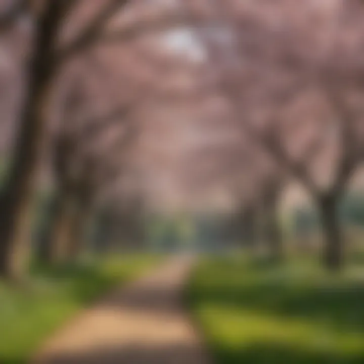 A scenic view of a park filled with flowering trees