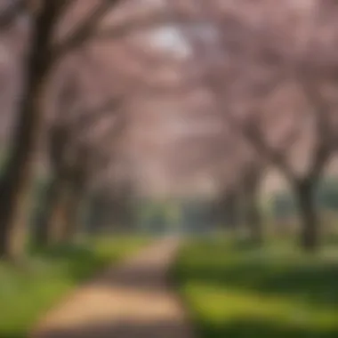 Park Scene with Blossoming Trees A scenic view of a park filled with flowering trees