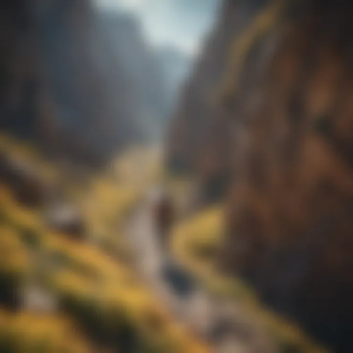 A hiker navigating through a rugged terrain with stunning cliffs in the background.