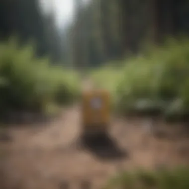 A close-up of a trail marker nestled among lush greenery.