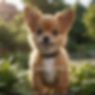 Happy Pomchi puppy in a garden setting