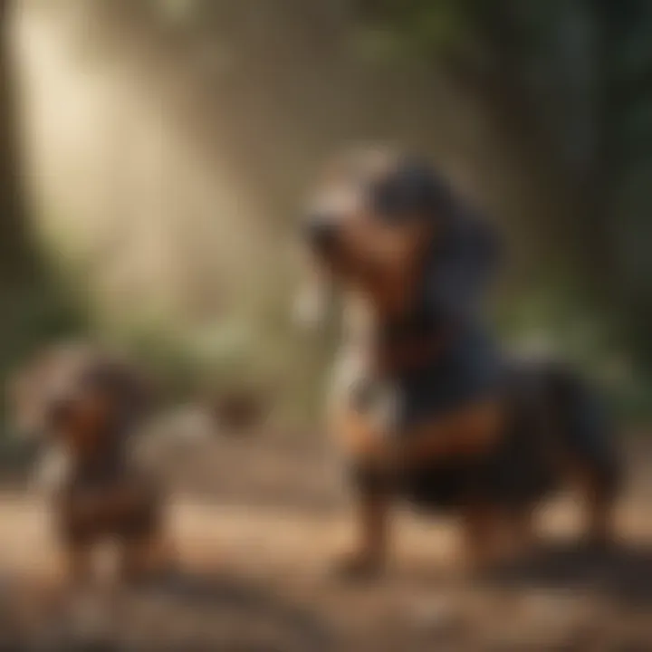 Miniature dachshund interacting with other dogs, highlighting its social behavior