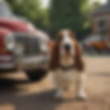A striking visual of a Basset Hound beside a classic vintage car, illustrating its cultural significance and timeless appeal.