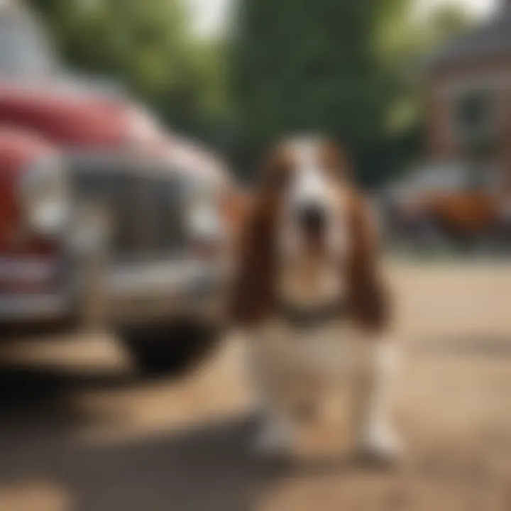 A striking visual of a Basset Hound beside a classic vintage car, illustrating its cultural significance and timeless appeal.