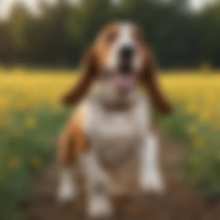 A playful Basset Hound frolicking in a field, embodying the breed's playful spirit and unique physical traits.