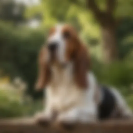 A regal Basset Hound lounging gracefully in a sunlit garden, showcasing its distinct long ears and gentle expression.