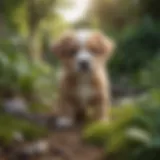 A close-up of a dwarf puppy playing in a garden.