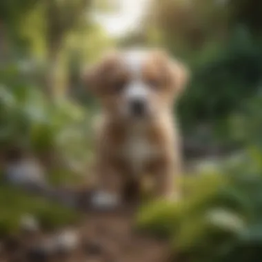 Playful Dwarf Puppy in a Lush Garden A close-up of a dwarf puppy playing in a garden.