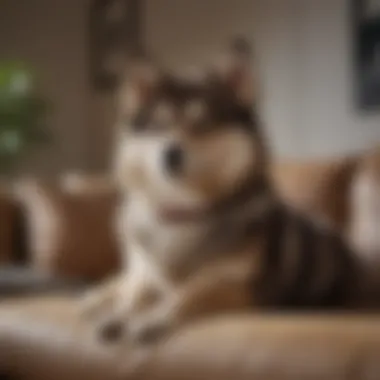 A well-groomed Pomsky sitting elegantly on a cozy sofa