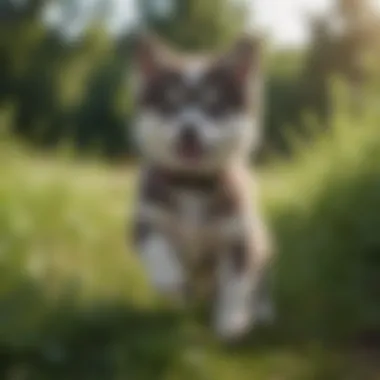 A playful Pomsky puppy frolicking in a lush green field