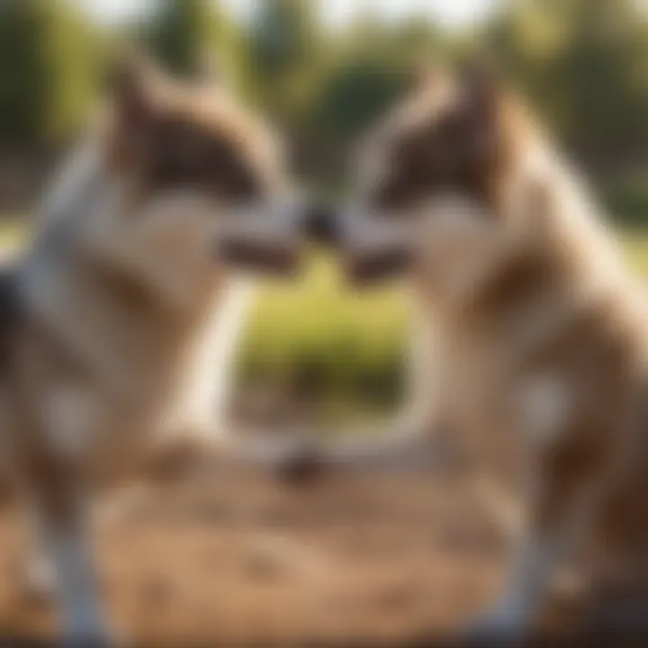 Two Pomskies engaging in a playful interaction at a dog park