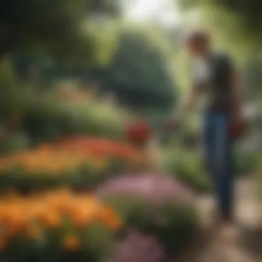 Illustration of a garden enthusiast using a sprayer in a flower bed.