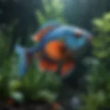 An exotic freshwater fish with vibrant colors swimming among aquatic plants