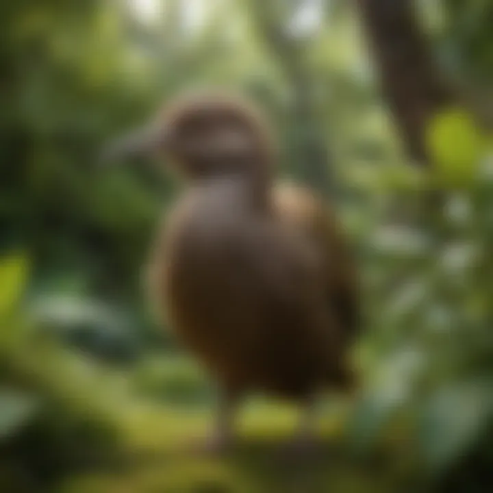 A curious Kiwi bird standing in lush green foliage, illustrating its unique characteristics.