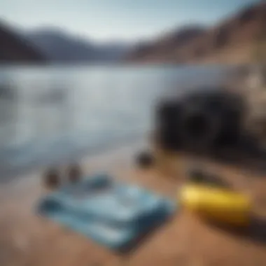 A close-up of essential water sports equipment laid out on the shore