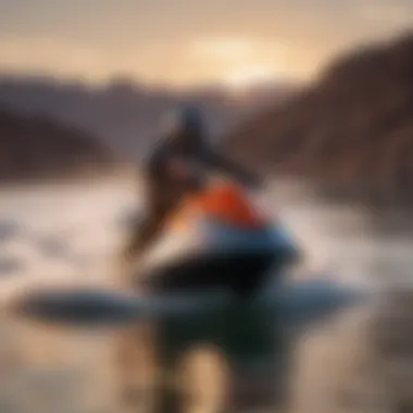 A vibrant sunset over Lake Mead showcasing jet ski enthusiasts