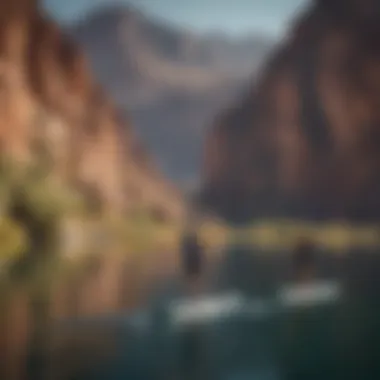 A group engaged in paddleboarding with scenic mountains in the backdrop