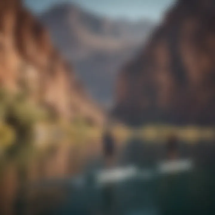 A group engaged in paddleboarding with scenic mountains in the backdrop