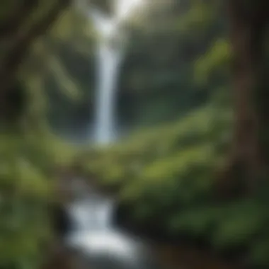 Cascading Waterfall in Lush Greenery A breathtaking view of a cascading waterfall surrounded by lush greenery in Maui.