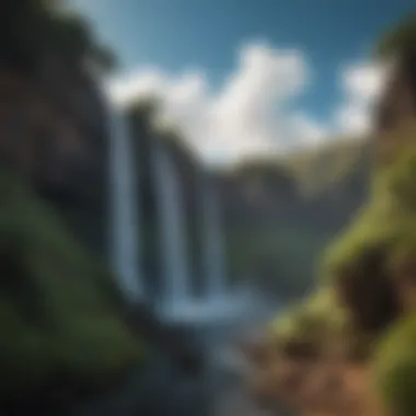 Panoramic Waterfall Landscape A panoramic view showcasing multiple waterfalls flowing down a mountain landscape in Maui.