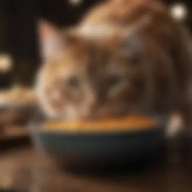 A cat enjoying a bowl of wet food with a smooth consistency.