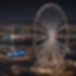 A stunning view of the Eye Ferris Wheel illuminating the Las Vegas skyline at night.