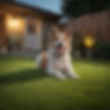 A dog standing on synthetic grass in a cozy backyard setting.