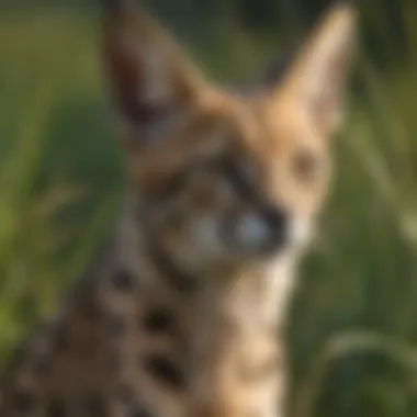 A serval hunting in tall grass, emphasizing its unique hunting techniques