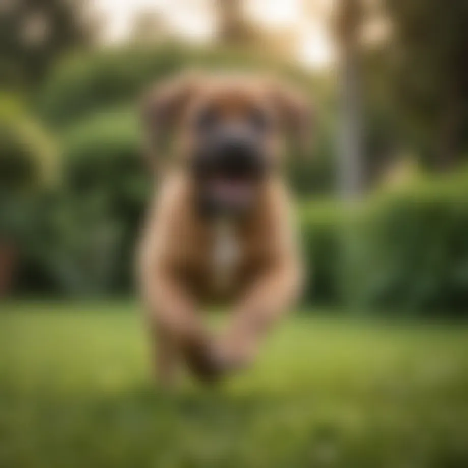 A playful Fila Brasileiro puppy frolicking in a green yard