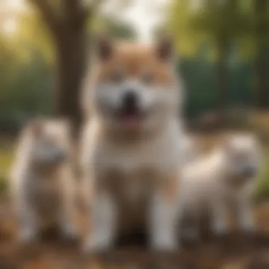 A responsible breeder interacting with a litter of Akita puppies