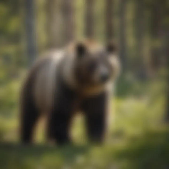 A majestic grizzly bear roaming in a lush green forest in Yellowstone.