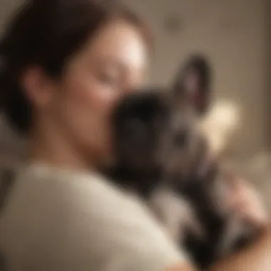 Adopted French Bulldog snuggling with owner