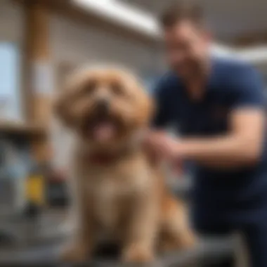 A friendly pet groomer engaging with a dog during a grooming session.
