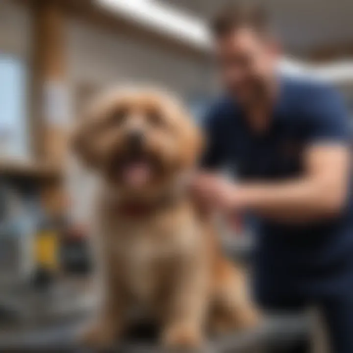 A friendly pet groomer engaging with a dog during a grooming session.