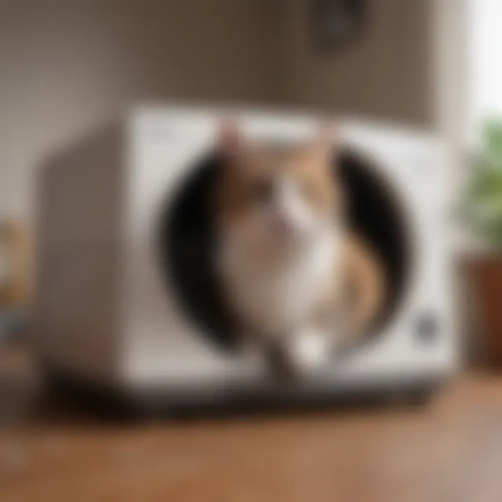 A guide on maintaining a hooded litter box for large cats, showcasing cleanliness and hygiene practices.
