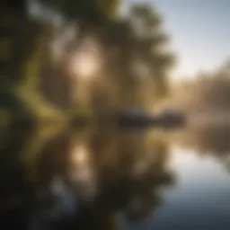 Tranquil lake reflecting the morning sun with fishing boats