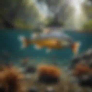Underwater Life Exploration Underwater view of diverse fish species in a clear stream