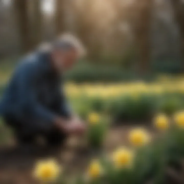 A gardener tending to late blooming daffodils