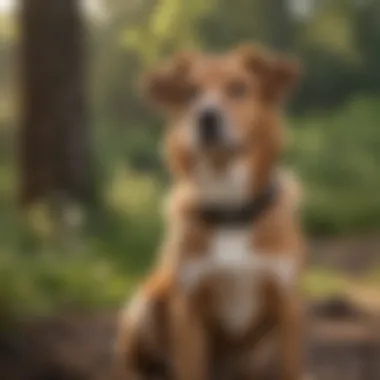 A dog wearing a gentle bark collar in a tranquil outdoor setting