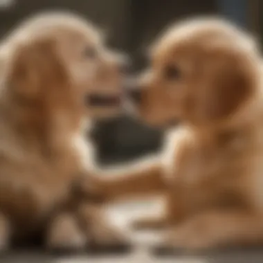 A golden retriever puppy interacting with a child, illustrating the bond between canines and their young companions.