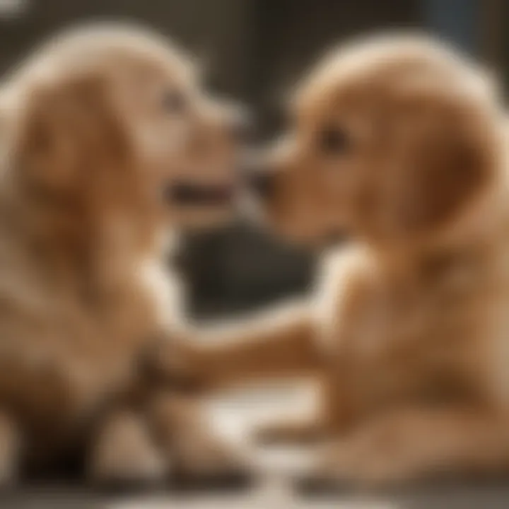 A golden retriever puppy interacting with a child, illustrating the bond between canines and their young companions.