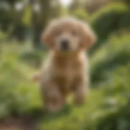 A playful golden retriever puppy in a lush green garden, showcasing its vibrant fur and joyful demeanor.