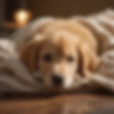 A serene golden retriever puppy resting on a cozy blanket, capturing its innocence and tranquility.