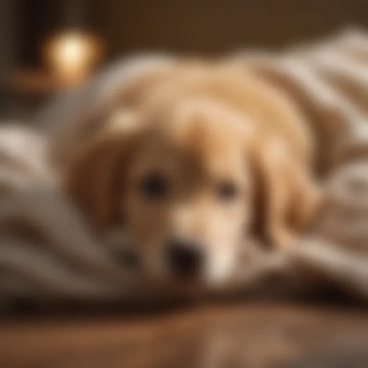A serene golden retriever puppy resting on a cozy blanket, capturing its innocence and tranquility.