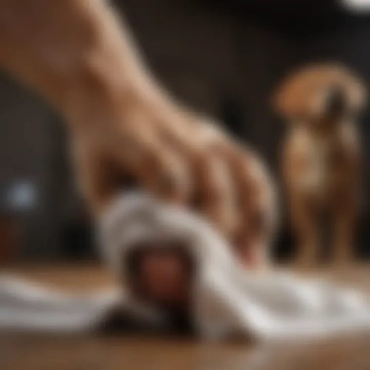 A dog owner gently cleaning a paw wound with a cloth