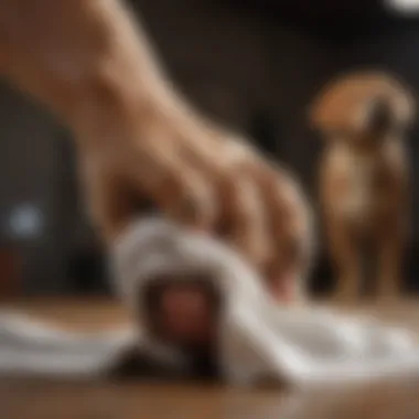 Cleaning Dog Paw A dog owner gently cleaning a paw wound with a cloth