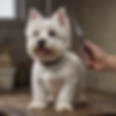 Grooming a Well-Cared West Highland Terrier A healthy West Highland Terrier being groomed