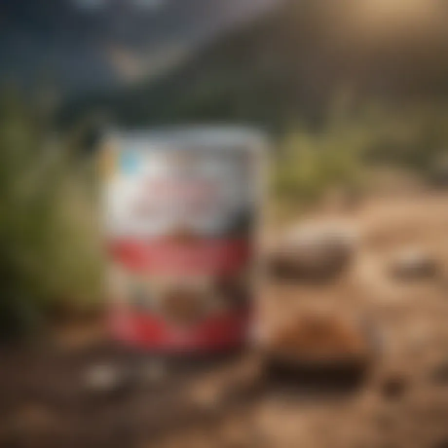 A can of Hills Hepatic Wet Dog Food displayed with ingredients