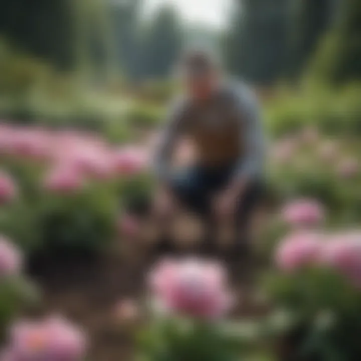 Gardeners planting peonies in spring