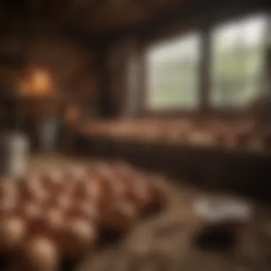 A well-lit henhouse with hens comfortably nesting.